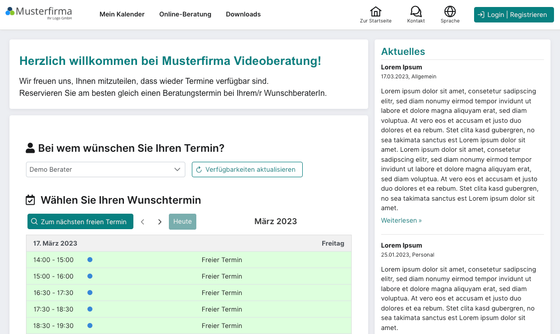 Homepage Musterfirma mit ecosero Videoberatung