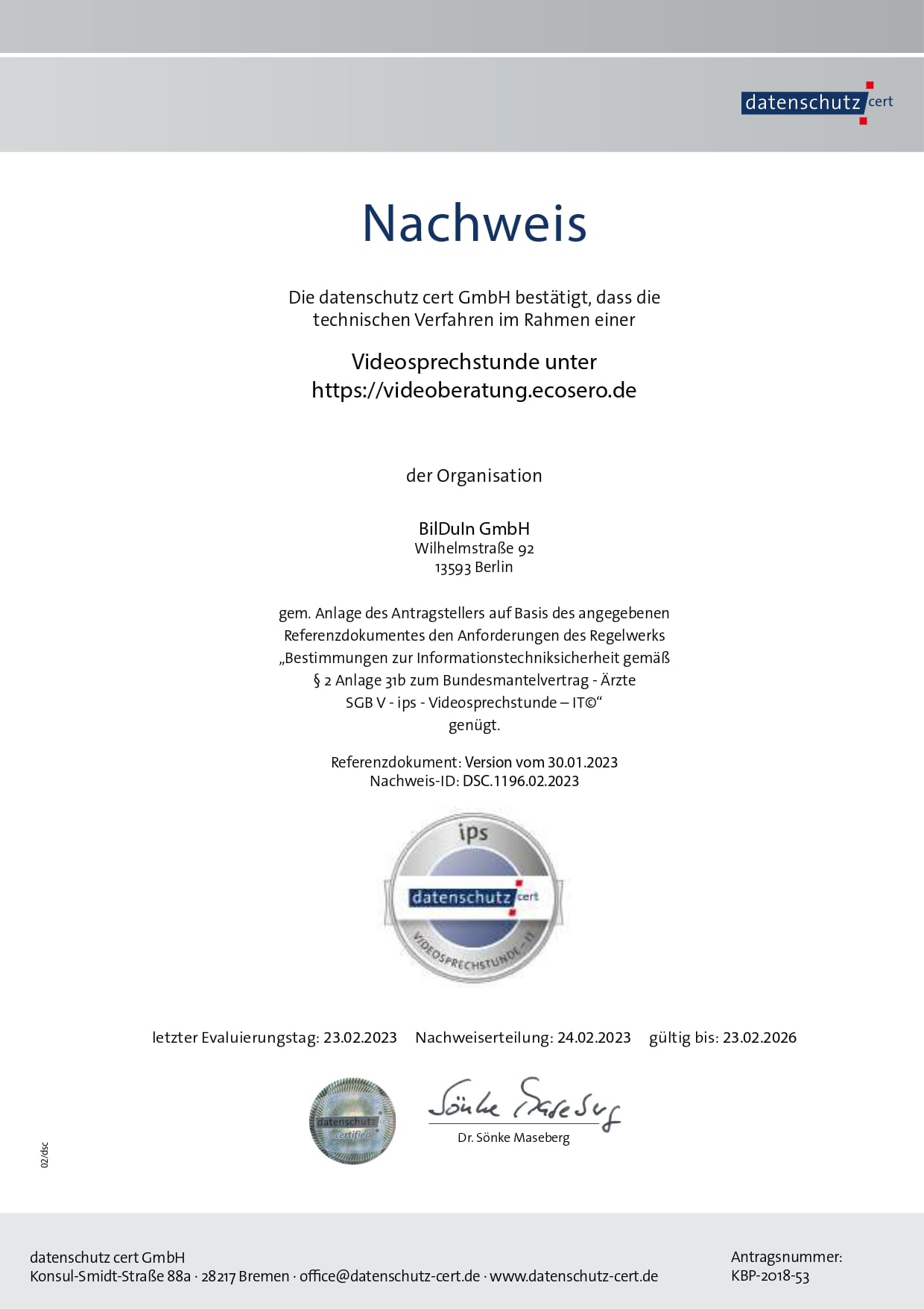 Nachweis datenschutz cert GmbH