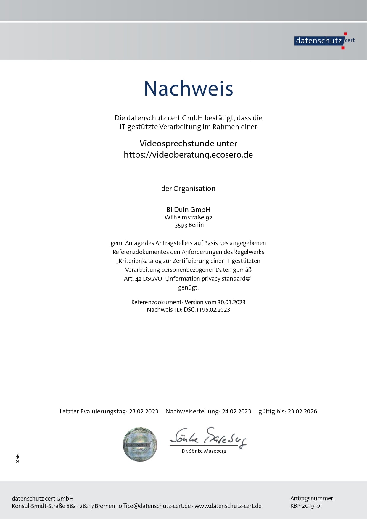 Nachweis DSGVO datenschutz cert GmbH