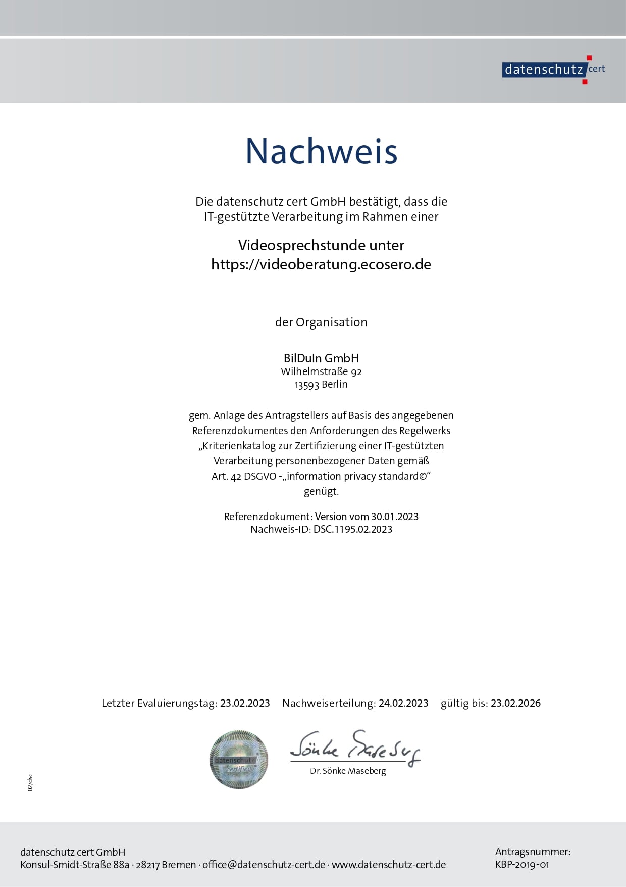 Preuve DSGVO datenschutz cert GmbH